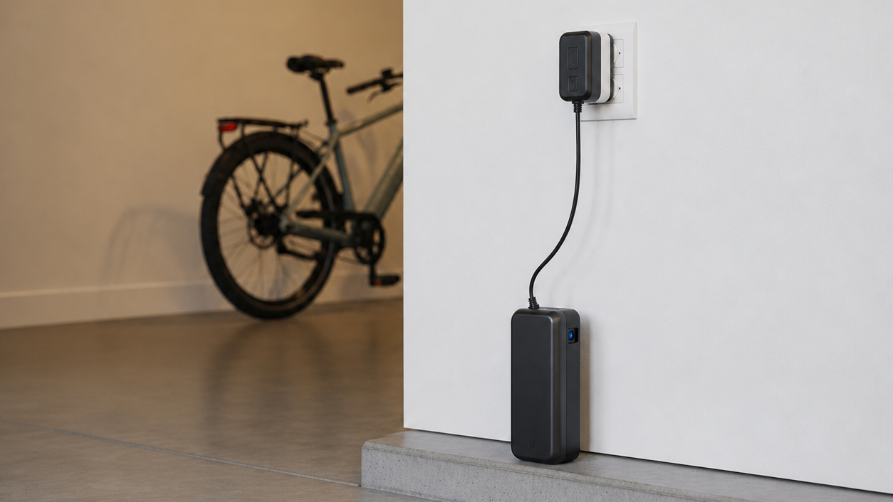 E-bike battery charging in a clean garage with Battery Safe Australia lithium fire safety equipment nearby