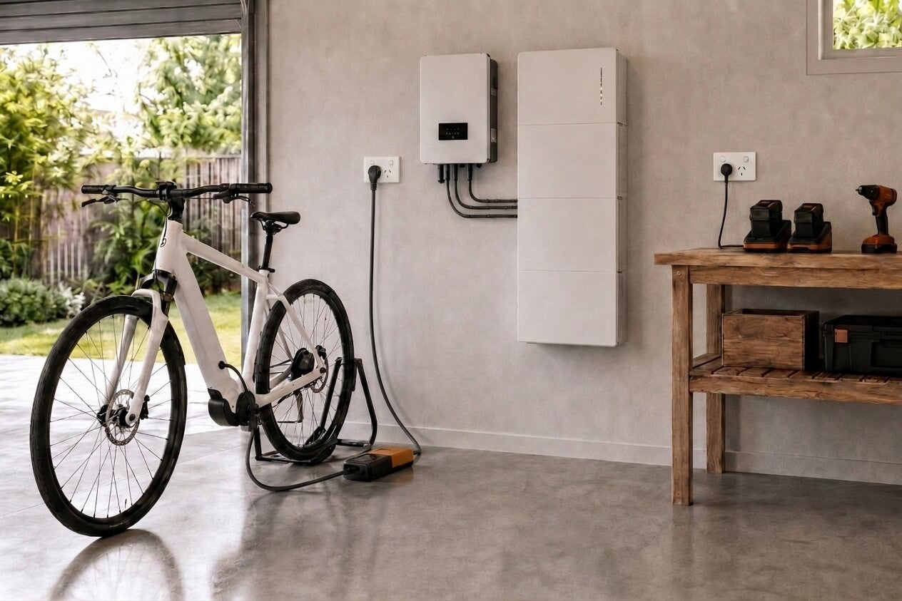 Modern Australian garage with an e-bike charging beside a home solar battery system and workbench, showing lithium battery charging safety at home.
