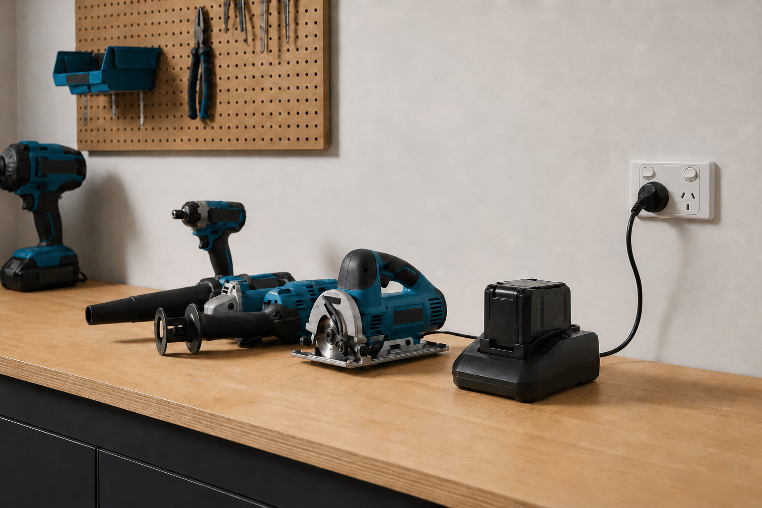 Cordless power tools and a charging battery on a workshop bench, showing lithium battery fire safety for Australian garages and workspaces.