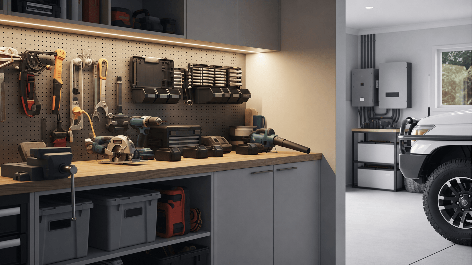 Organised Australian garage workshop with battery-powered tools, home energy equipment and vehicle charging area.